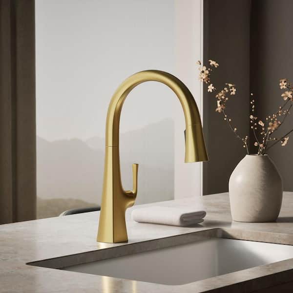 Graze 1 Handle Pull Down Sprayer Kitchen Faucet with Secure Docking in Vibrant Brushed Moderne Brass
