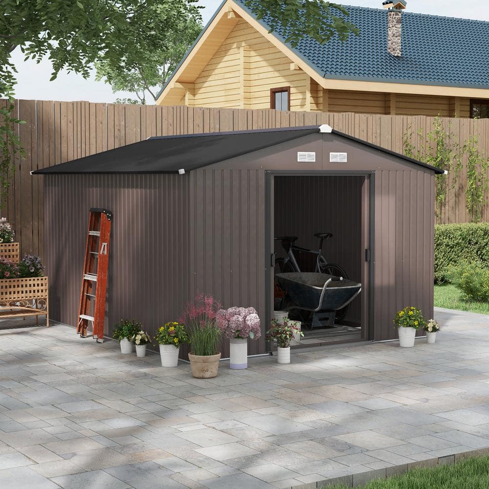 Outsunny 11' x 9' Brown Metal Storage Shed Kit with Windows