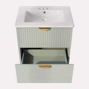 24 in. W Single Sink Floating Bath Vanity in Green with White Ceramic Top, 2 Drawers