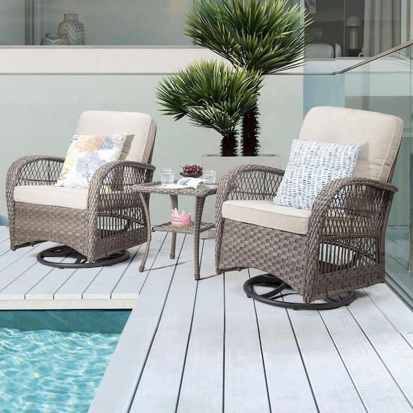 Tenleaf 3-Piece Brown Wicker Outdoor Rocking Chair Set with Beige Cushions Patio Conversation Set