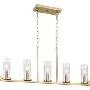 Pellum Collection 35 in. 5-Light Brushed Gold Linear Chandelier for Bar, Kitchen and Dining Room