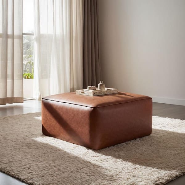 29.75 in. Brown Faux Leather Square Accent Medium Ottoman for Living Room, Bedroom