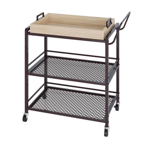 Bestier 3 Tier Oak Heavy-Duty Rolling Kitchen Storage Cart with Serving Tray