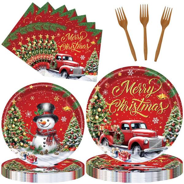 96-Piece Christmas Tableware Set with Red Truck and Snowman Plates, Napkins and Forks