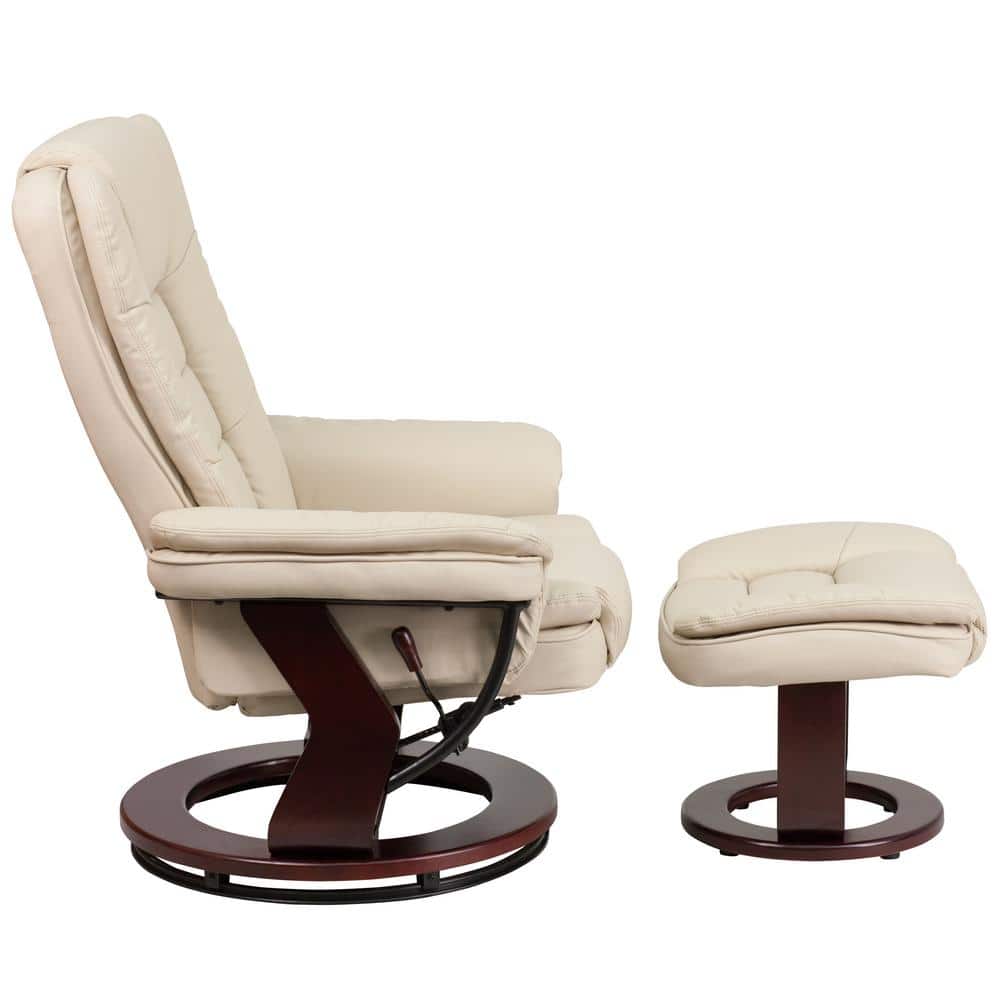 Beige Leather Swivel Recliner with Ottoman and Mahogany Wood Base
