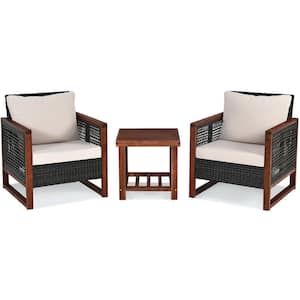 3-Piece PE Wicker Solid Wood Patio Conversation Set with Beige Cushion, Solid Wood End Table