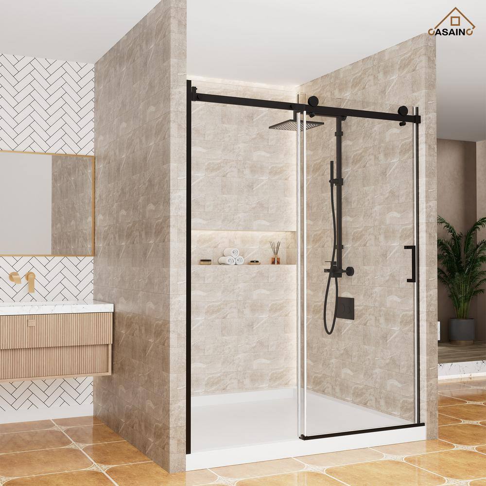 60'' Matte Black Frameless Sliding Shower Door with Clear Glass