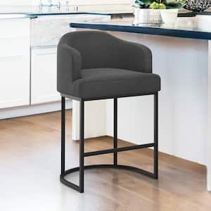 Crystal 26in.Charcoal Gray Linen Fabric Upholstered Counter Stool Curved Back Kitchen Island Bar Stool with Metal Frame