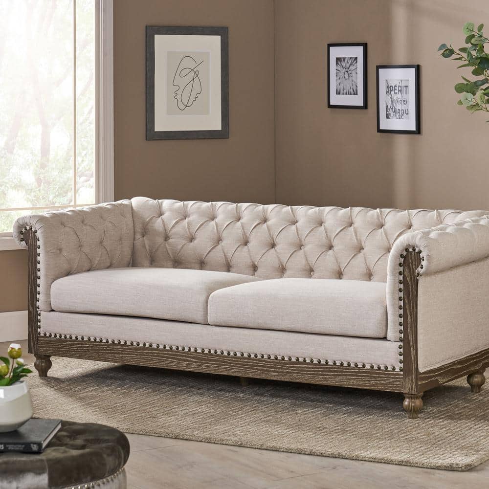Beige and Dark Brown Chesterfield Tufted 3-Seater Sofa
