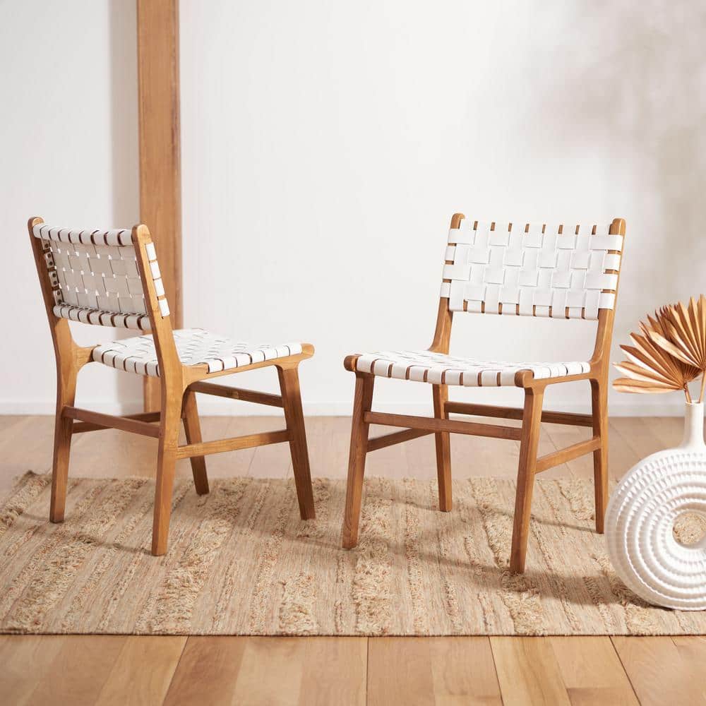 Taika White and Natural Woven Leather Dining Chair Set