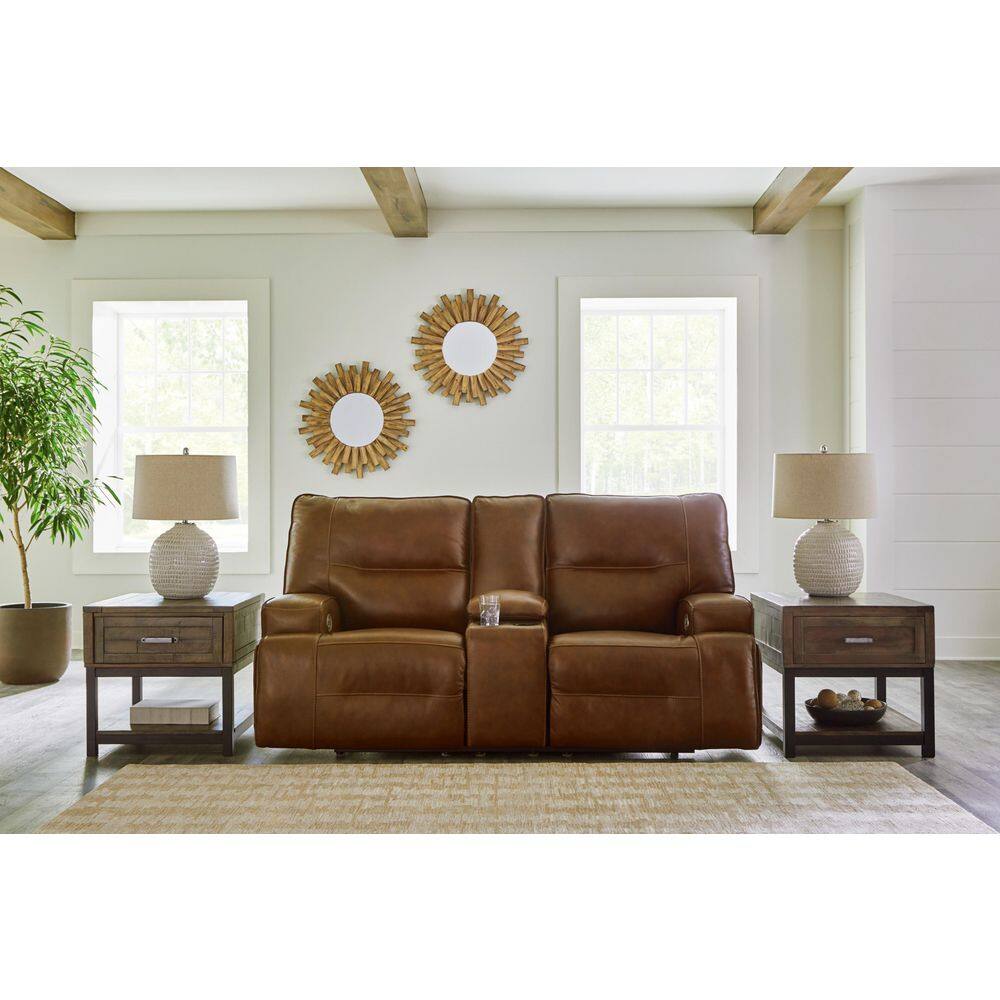 Francesca 82 in. Solid Leather Match 2-Seat Power Reclining Loveseat with Console and USB Port in Brown