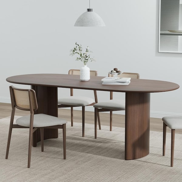 Dovelina Haiden Modern Oval Oak Wood Top Walnut 67 in. Double Pedestal Base Dining Table Seats 6