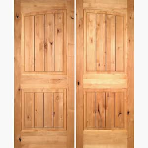 72 in. x 80 in. Rustic Knotty Alder Common Arch Clear Stain /V-Groove Right-Hand Inswing Wood Double Prehung Front Door