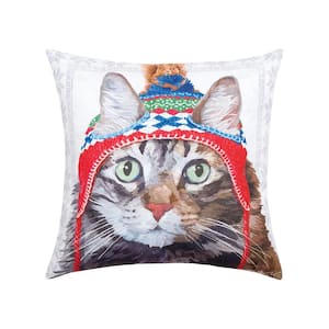 Gray Winter Hat Cat Indoor/Outdoor 18 in. x 18 in. Standard Throw Pillow