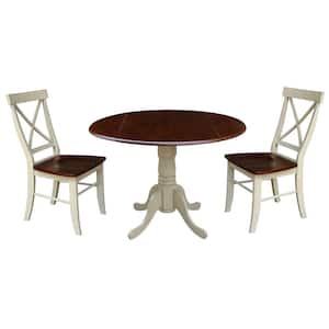 Brynwood 3-Piece 42 in. Almond/Espresso Round Drop-Leaf Wood Dining Set with X-Back Chairs
