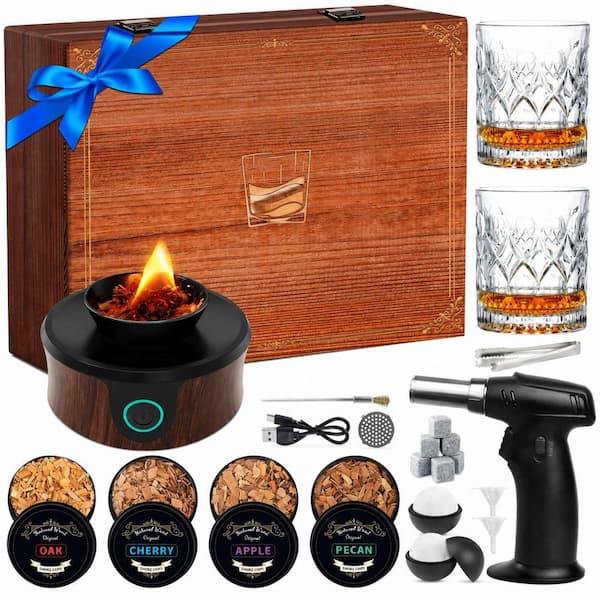 1-Piece Brown Wood Electric Whiskey Smoker Kit with 4 Wood Chips Torch Ice Molds Glasses Stones Cocktail Infuser
