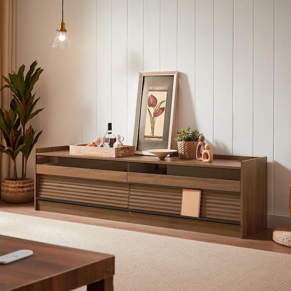 CHRISTOPHER KNIGHT HOME Nola Modern Fits TV's up to 75 in. TV Stand with Drawers Tempered Glass, Built-in Charging Ports, LED Light, MDF, Walnut