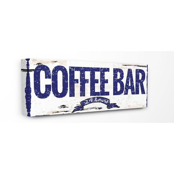 Stupell Industries 13 in. x 30 in. "Blue and White Rustic Coffee Bar 24 Hours Sign with Ribbon" by Artist Marilu Windvand Canvas Wall Art