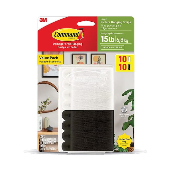 15 lb. Black and White Picture Hanging Adhesive Strips Value Pack, 20 Pairs