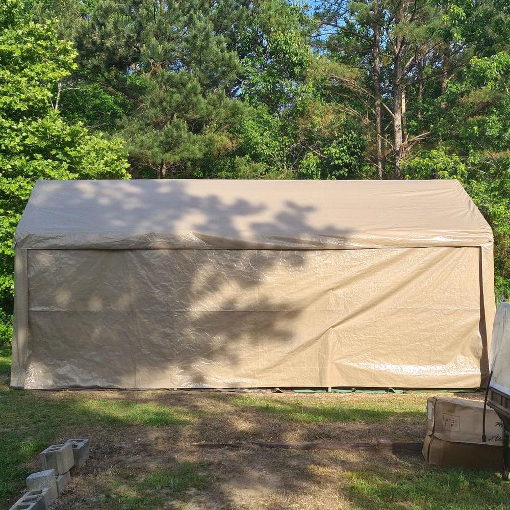 Beige 10' x 20' Metal Frame Carport Tent with Fabric Roof