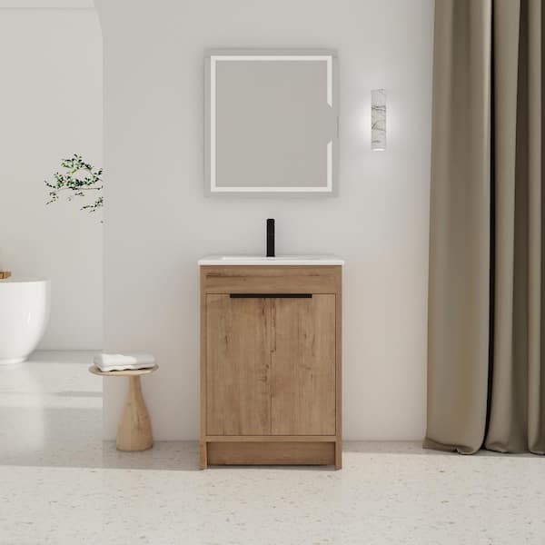 Unbranded 24 in. W x 18 in. D x 34 in. H Freestanding Single Sink Bath Vanity in Imitative Oak with White Ceramic Top