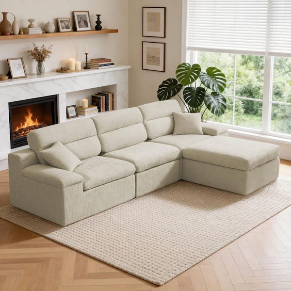 Magnus 110.63 in. 4-Piece Chenille Modular Sleeper Compressed Sectional Sofa in Greenish Gray with Ottoman
