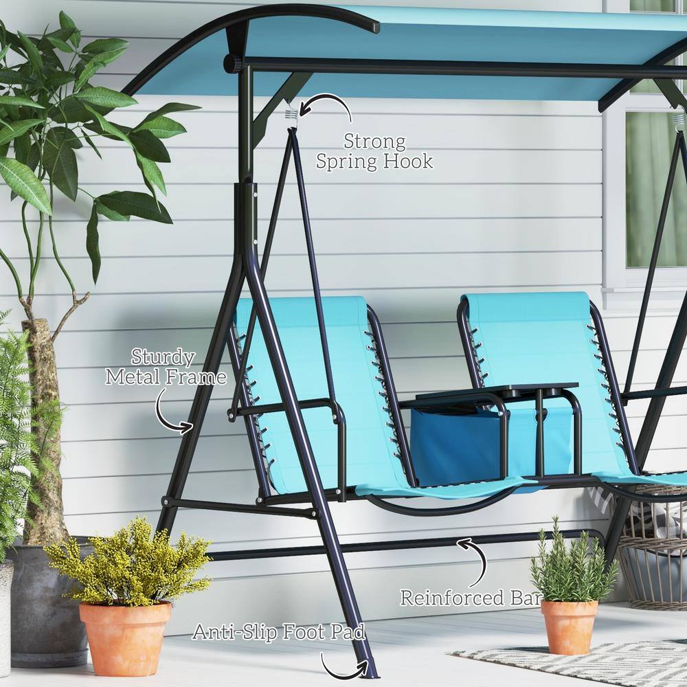 Blue 2-Person Outdoor Swing with Adjustable Canopy and Storage