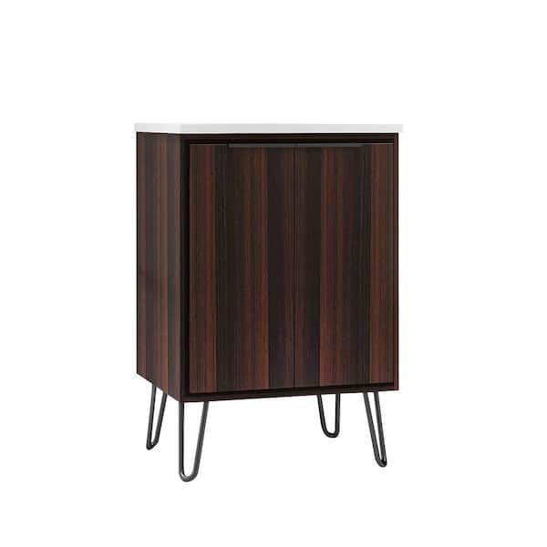 WELLFOR 35 in. W x 18 in. D x 24 in. H Bath Vanity in Walnut with White Ceramic Top