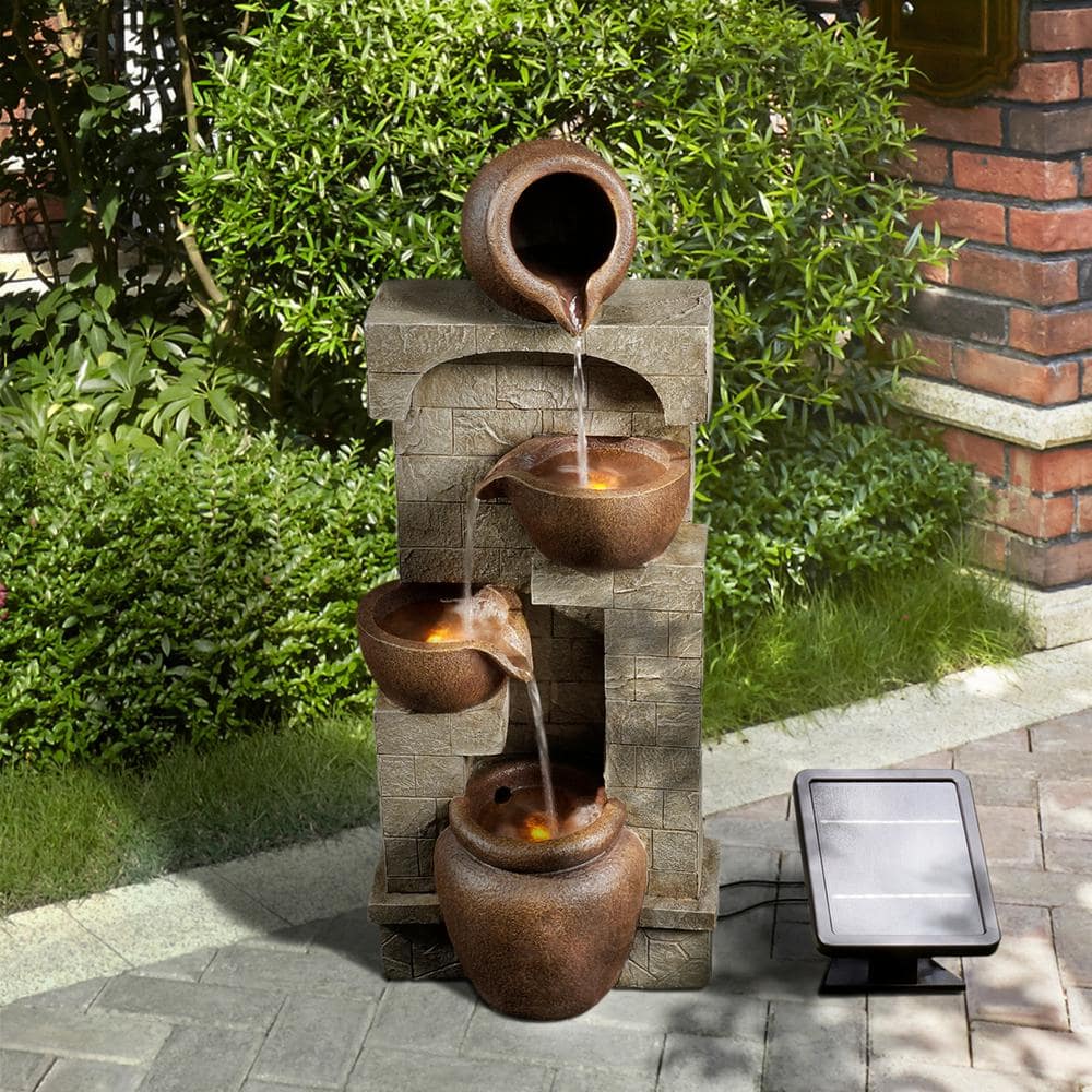 28.5" Brown Stone-Look Solar Powered 4-Tier Water Fountain