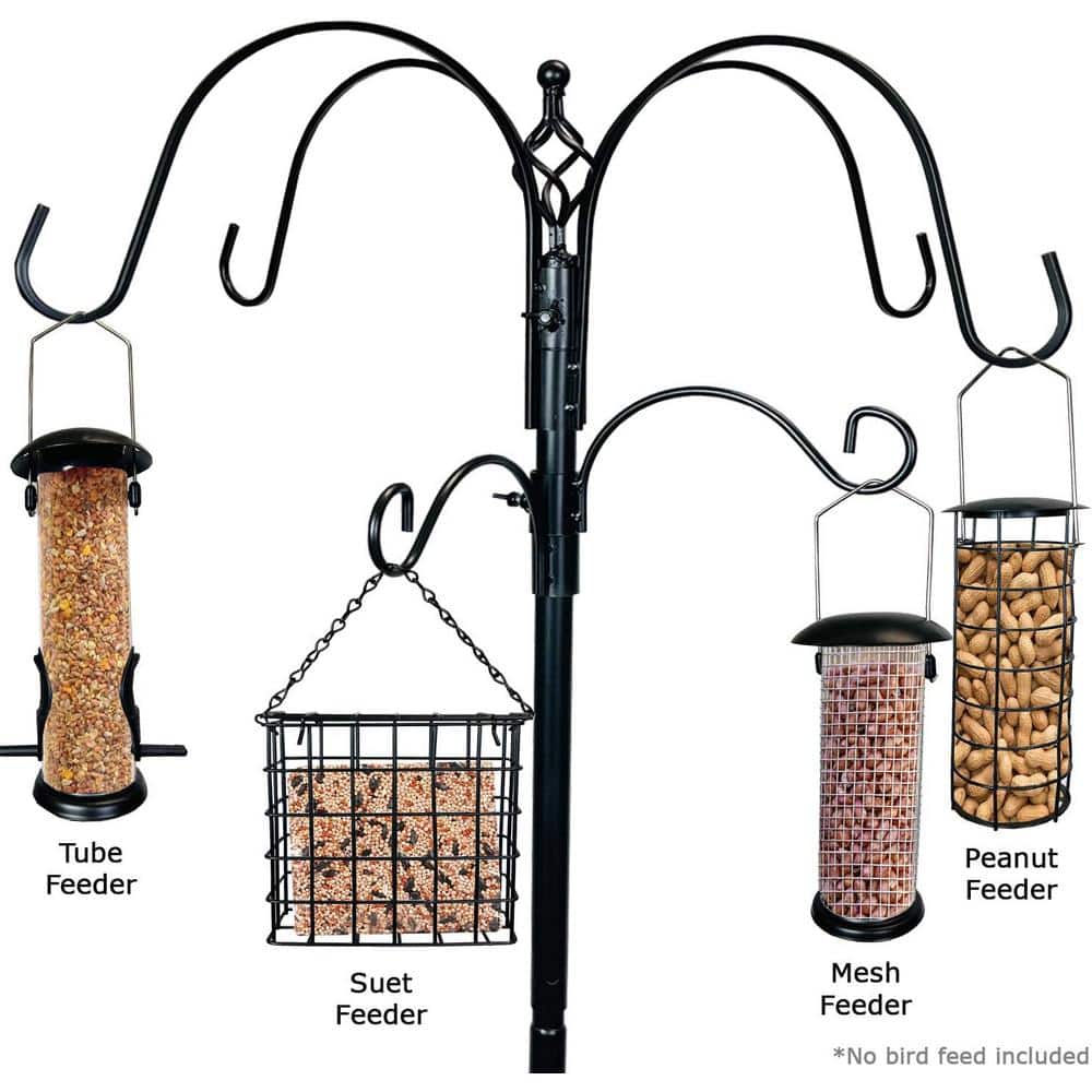 Black Metal Bird Feeding Station with 4 Feeders and Birdbath