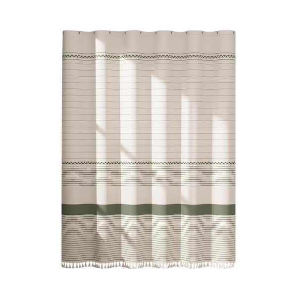 Boho Shower Curtain Set with Tassels 72 x 72 Modern Farmhouse Rustic Faux Linen Green Striped in Light Tan