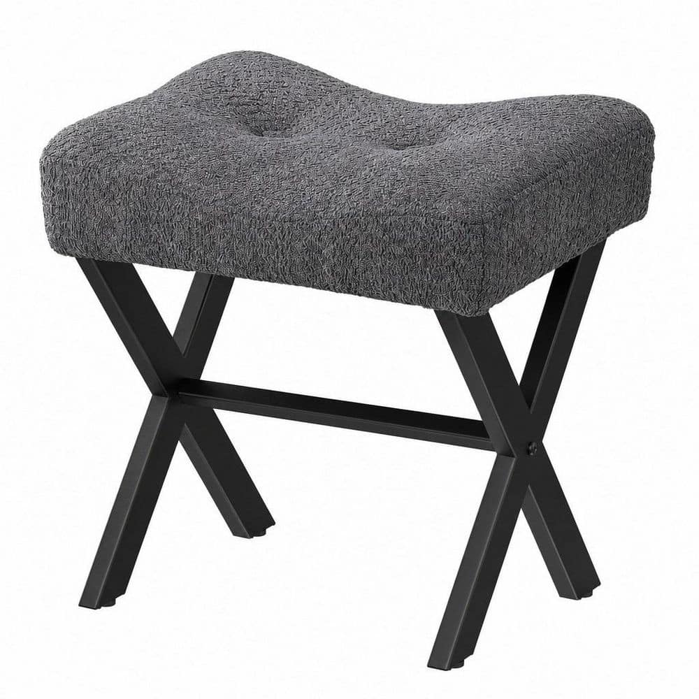 Gray Alloy Steel 17.7 in. Tall Makeup Vanity Stoo with Metal X-Legs, Breathable and Soft Boucle Fabric Saddle Seat