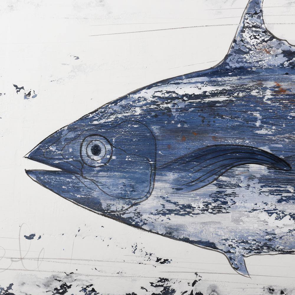 Anglo Rustic Coastal Blue and White Tuna Oil Painting on Canvas