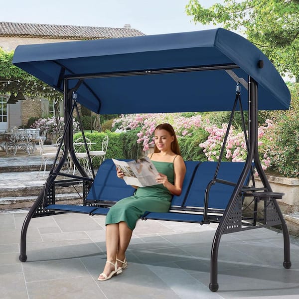 Zeus Ruta Seat Metal Patio Swing with Textilene Backrest, Outdoor Swing  with Cup Holders and Adjustable Canopy, Blue HWD-986