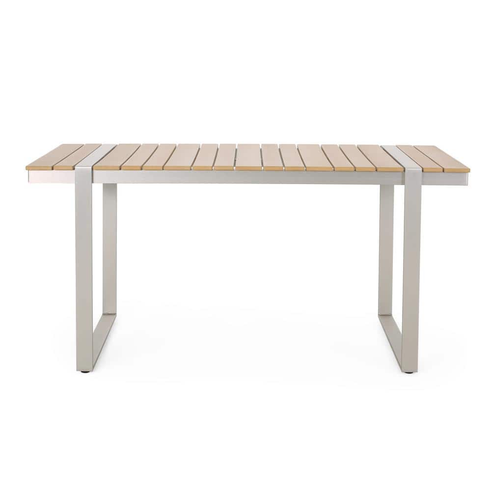 Aluminum outdoor dining table with wooden tabletop extendable for patio, ga