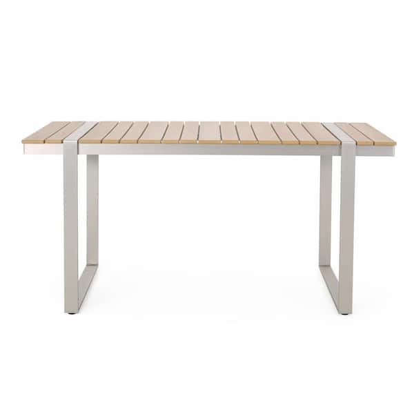 Aluminum outdoor dining table with wooden tabletop extendable for patio, garden, backyard, silver + natural