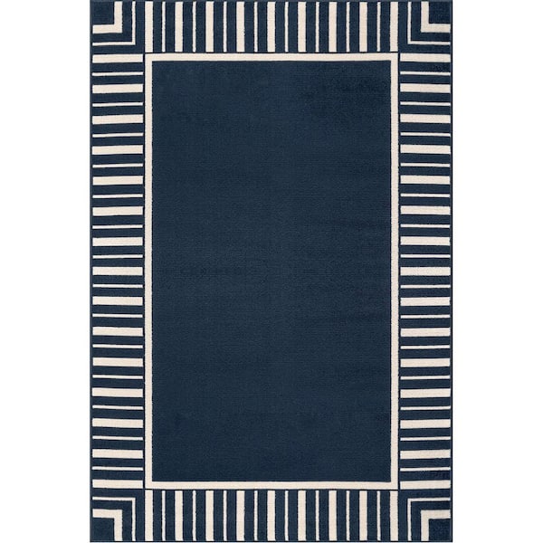 Edge Navy 9 ft. x 12 ft. Rubber Back Washable Geometric Border Indoor Outdoor Patio Area Rug
