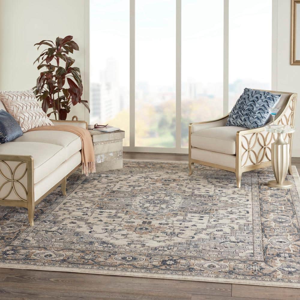 Ivory Grey Synthetic Oval Persian Area Rug 12' x 15'