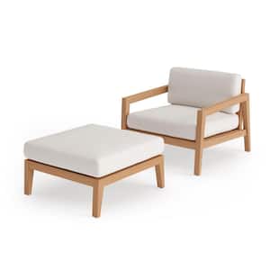Rhodes 2 Piece Teak Outdoor Patio Chat Chair & Ottoman Set with Canvas Natural Cushions