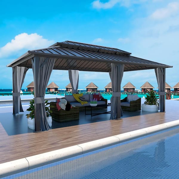 20 ft. x 12 ft. Aluminum Double Hardtop Gazebo with Grey Curtains and Netting