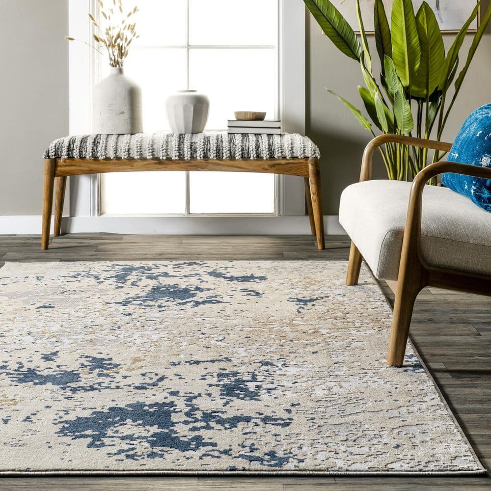 Light Grey and Beige Abstract Stain-Resistant Synthetic Area Rug