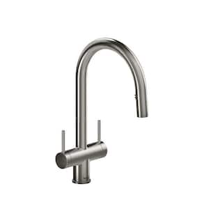 Azure Double Handle Pull Down Sprayer Kitchen Faucet with Gooseneck in Stainless Steel