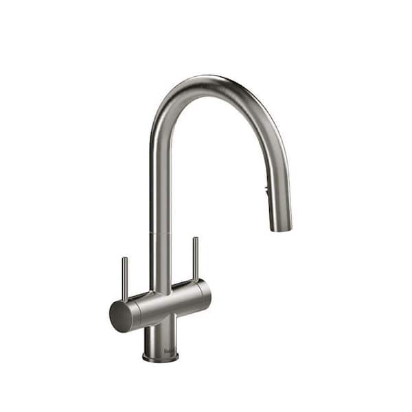 RIOBEL Azure Double Handle Pull Down Sprayer Kitchen Faucet with Gooseneck in Stainless Steel