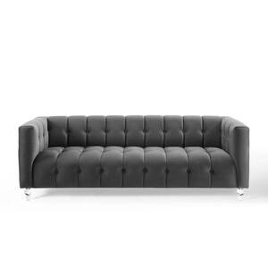 Mesmer 83.8 in. Charcoal Channel Tufted Velvet 3-Seater Tuxedo Sofa with Square Arms