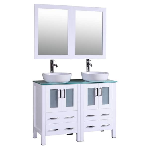 Bosconi 48 in. W Double Bath Vanity in White with Tempered Glass Vanity Top with White Basin and Mirror