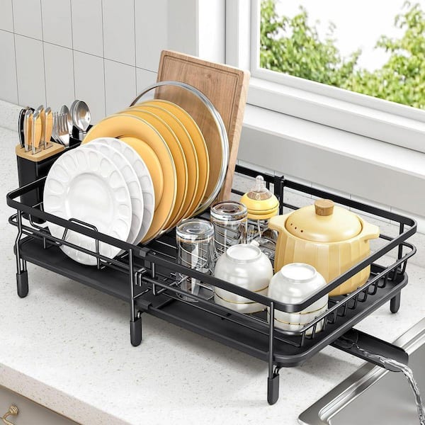 White Expandable Dish Rack with Bamboo Cutlery Holder, Adjustable Dish Dryer Drainer for Kitchen Countertop