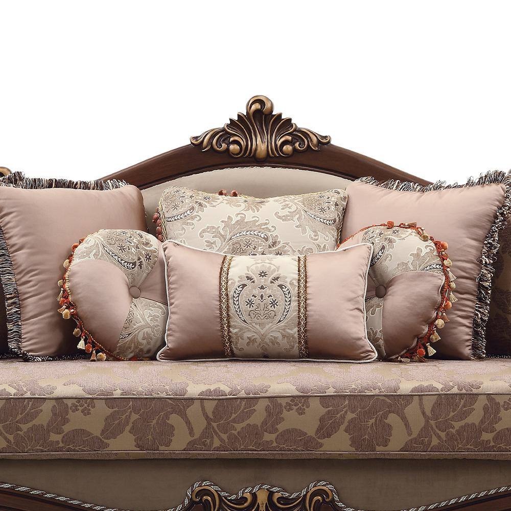 Elegant Walnut Velvet Rolled Arm Sofa with 8 Pillows