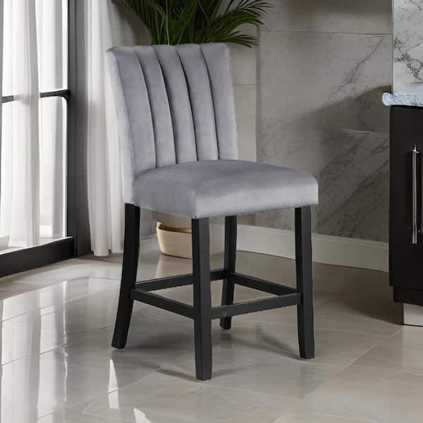 Benjara 26 in. Gray and Black High Back Wood Frame Bar Stool with Fabric Seat (Set of 2)