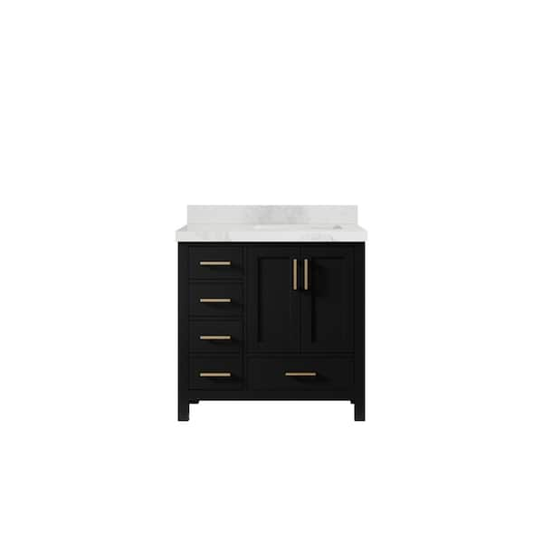 Willow Collections Malibu 36 in. W x 22 in. D x 36 in. H Right Offset Sink Bath Vanity in Black with 2 in. Calacatta Nuvo Top