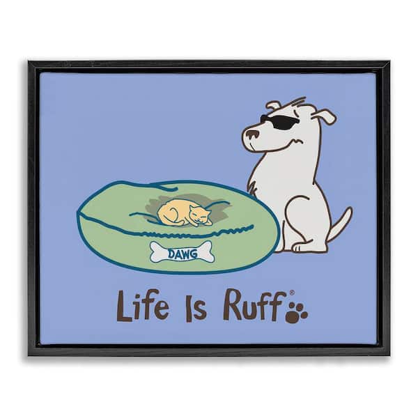 Stupell Industries Cat on Dog Bed by LIR Black Floater Frame Animal Graphic Art Print 17 in. x 21 in.